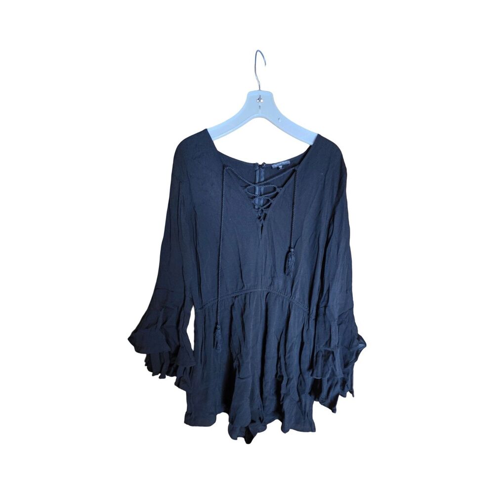 Solemio Black Boho Tunic Blouse Large Lace Up Front Bell Sleeve Peasant Top